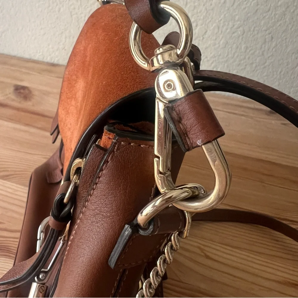 Chloe Faye Mini Backpack Tobacco Brown Suede Leather Gold Circle Hardware - Picture 8 of 15